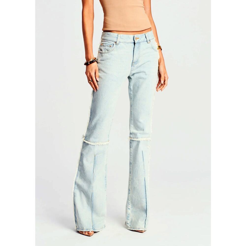Retrofete Women's Cillian Pant Light Wash Flare Jeans Distressed Seams Blue Dawn